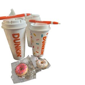 Dunkin' Coffee Cups and Donut Keychains Set 
& 2 Pens